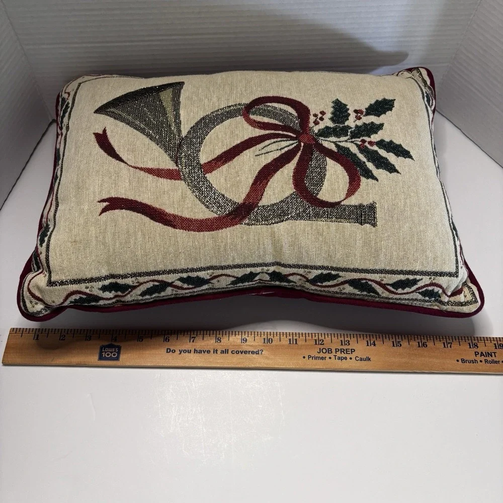 Tapestry  Pillow Christmas French Horn Holly 16 x 12 Lot Of 3 Table Runner 13x70